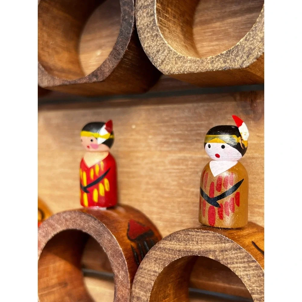 Native American Indian Style Wood Napkin ~ Rings Set of 8 ~ Carved Hand-Painted